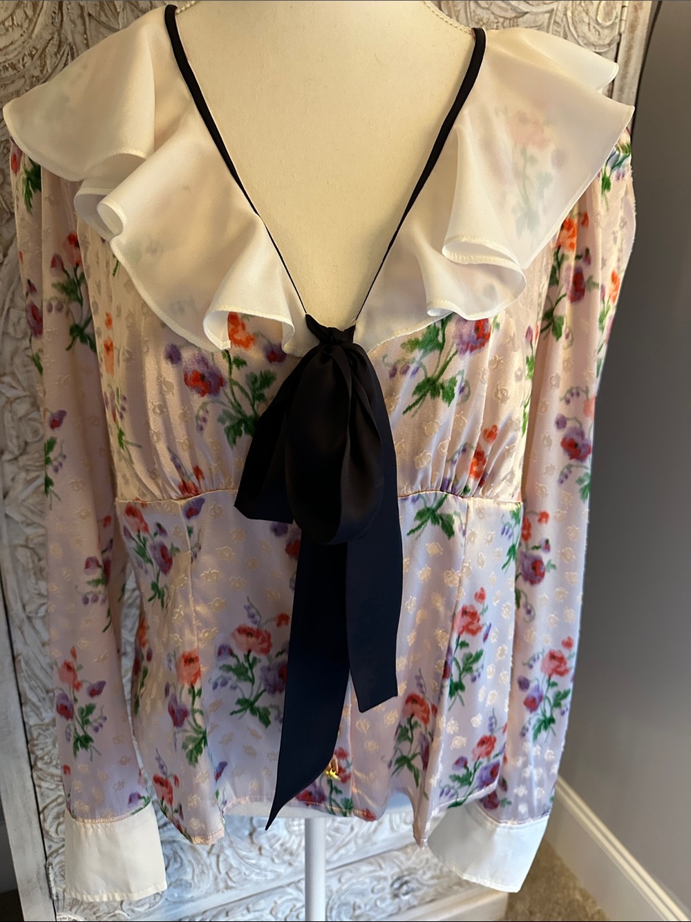 Maeve Floral Ruffle Tie-Neck Blouse - White with Black Tie
